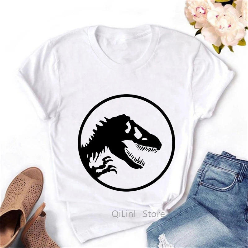 T-Shirt à Manches Courtes Blanc Vintage pour Femme, Streetwear Cool, Motif Dinosaure, Collection Estivale