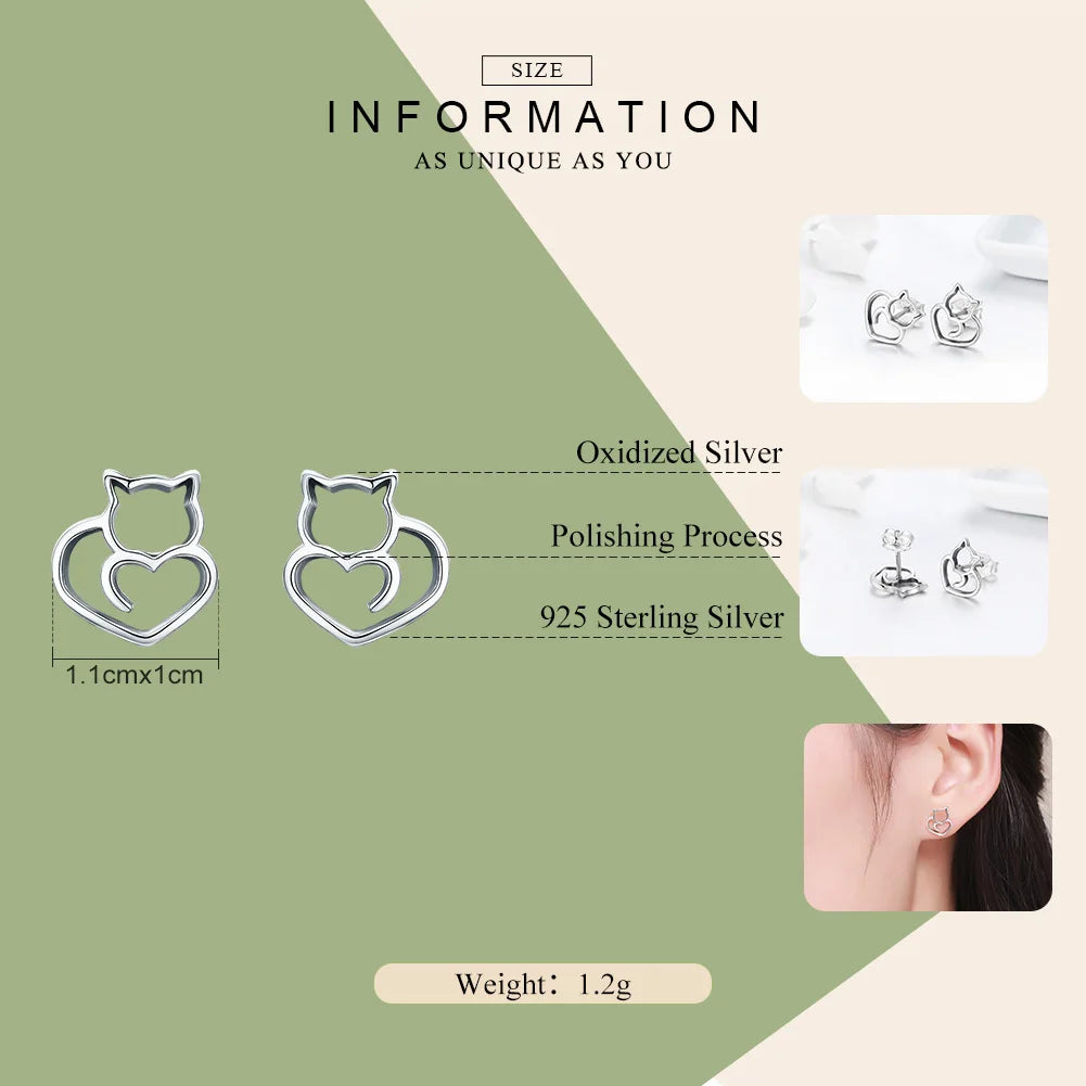 BAMOER-Boucles d'oreilles chat mignon en argent regardé 925 pour femme, bijoux authentiques, petit clou, mode, SCE271