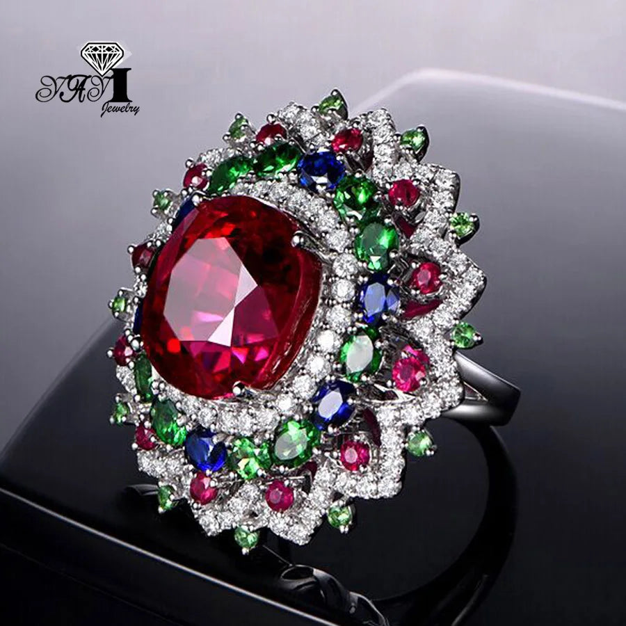 YaYI – bijoux coupe princesse, corindon rouge, pierres précieuses, Zircon, couleur argent, fiançailles, fête de mariage, bagues précieuses