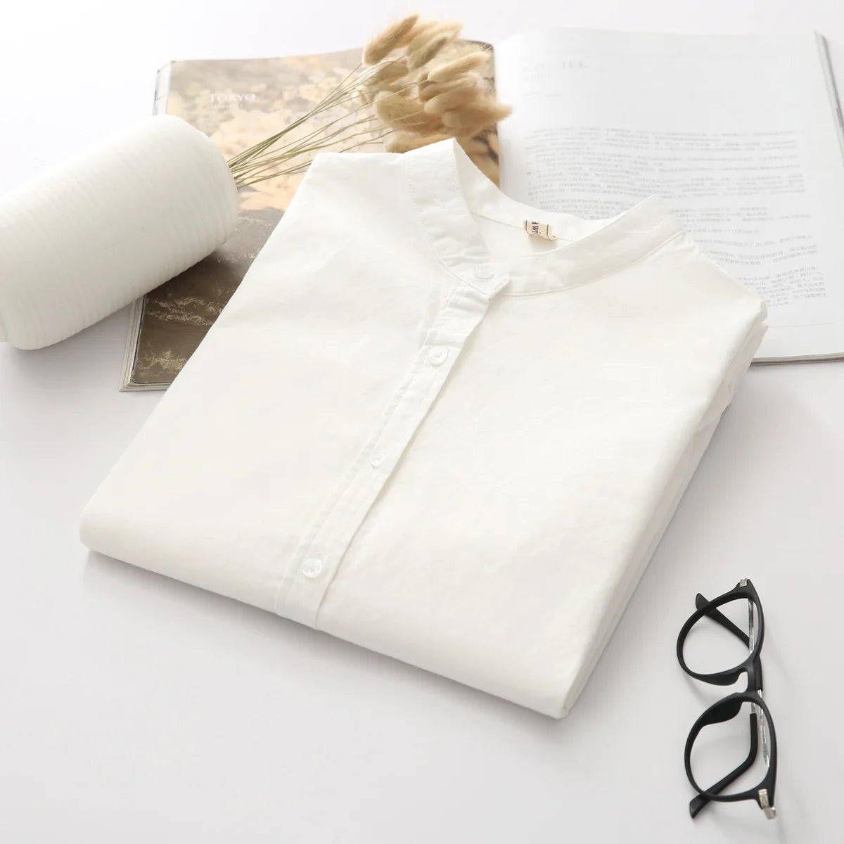 EYM 2024 marque nouveauté chemise femme décontracté coton col montant couleur unie blanc à manches longues Blouses Style Simple montre de sport