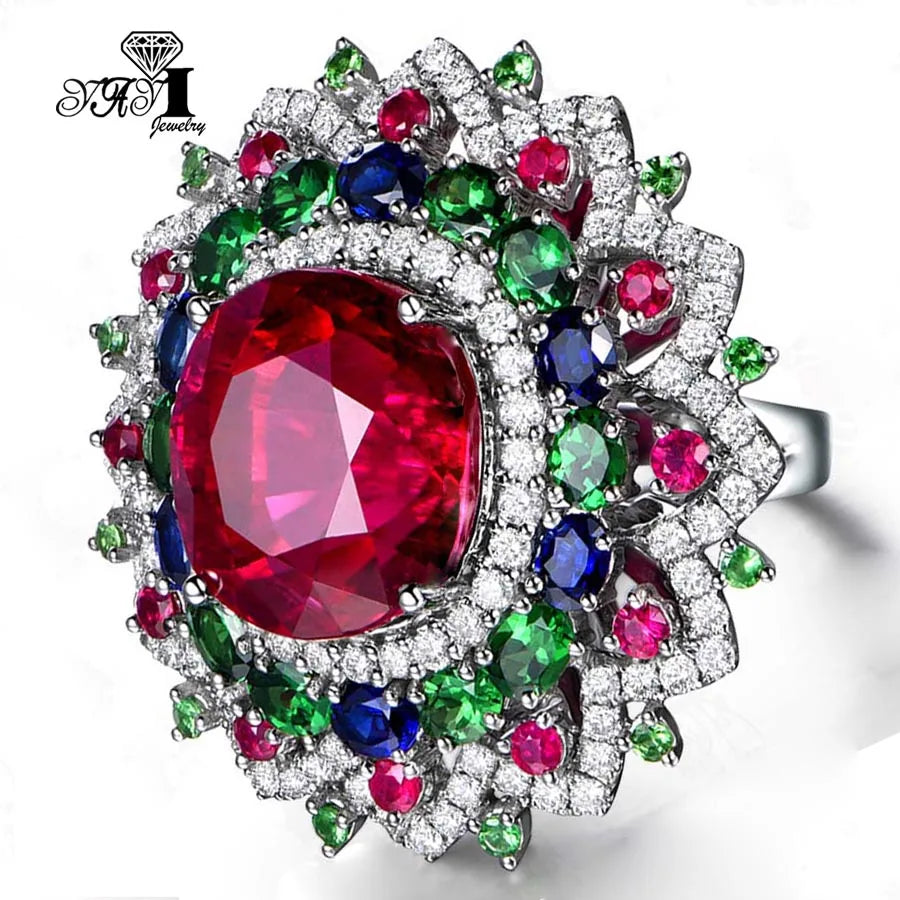 YaYI – bijoux coupe princesse, corindon rouge, pierres précieuses, Zircon, couleur argent, fiançailles, fête de mariage, bagues précieuses