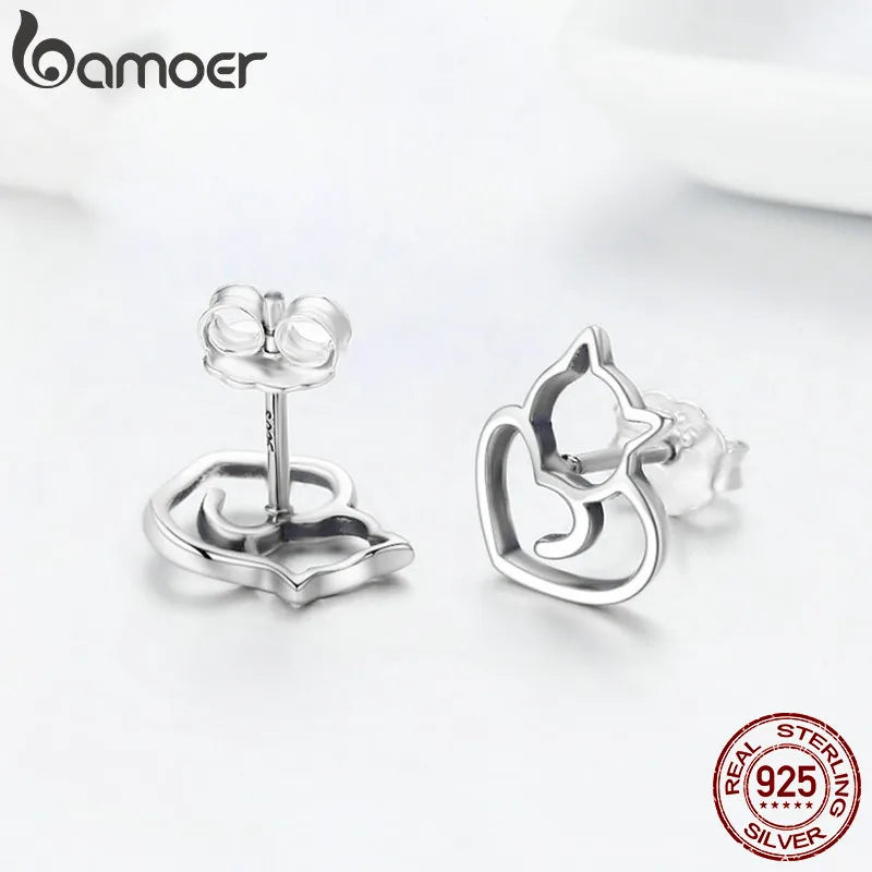 BAMOER-Boucles d'oreilles chat mignon en argent regardé 925 pour femme, bijoux authentiques, petit clou, mode, SCE271