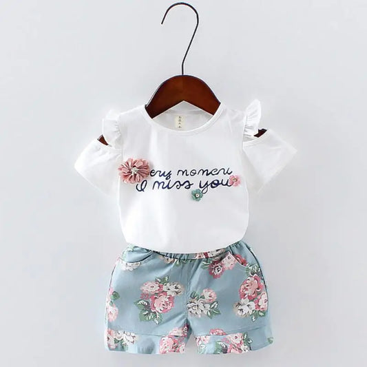 Bébé filles vêtements imprimé fleuri à manches courtes sans bretelles T-shirt + pantalon 2 pièces fille ensemble enfant tenue dame costume princesse enfant ensemble A293