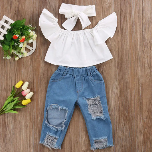 2025 nouvelle marque enfant en bas âge infantile enfant fille enfants hors épaule hauts Denim pantalon jean tenues bandeau 3 pièces ensemble vêtements de mode 1-6Y