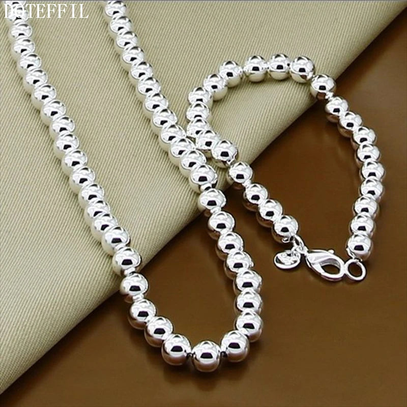 DOTEFFIL 925 argent Sterling 8mm creux lisse perles rondes collier Bracelets ensemble pour les femmes de mariage fiançailles fête bijoux