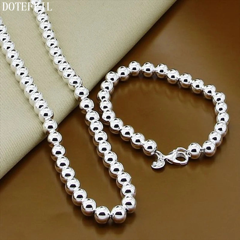 DOTEFFIL 925 argent Sterling 8mm creux lisse perles rondes collier Bracelets ensemble pour les femmes de mariage fiançailles fête bijoux