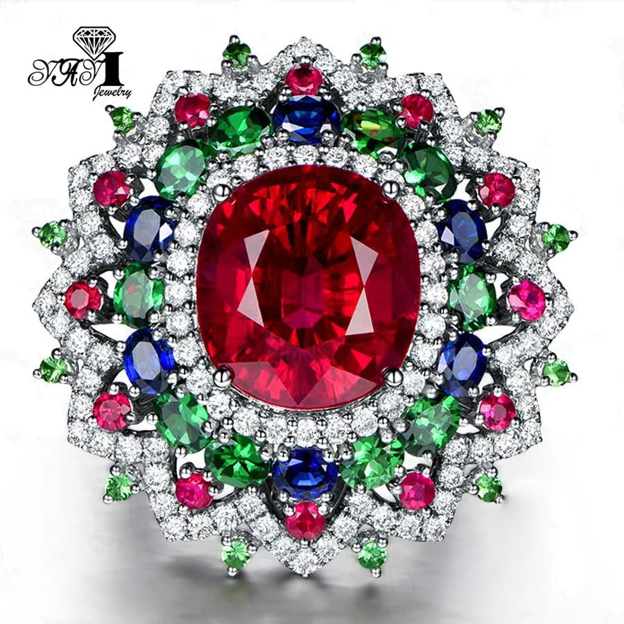 YaYI – bijoux coupe princesse, corindon rouge, pierres précieuses, Zircon, couleur argent, fiançailles, fête de mariage, bagues précieuses