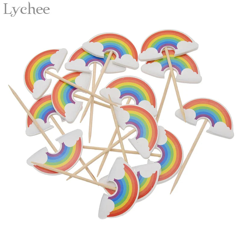Lychee Life 24 pièces dessin animé arc-en-ciel Cupcake Toppers enfants fête d'anniversaire décorations de mariage gâteau drapeau fournitures