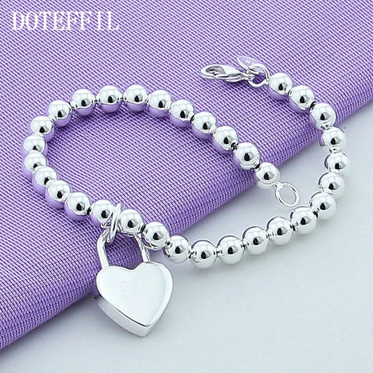 DOTEFFIL 925 argent Sterling coeur serrure 6mm perles chaîne Bracelets