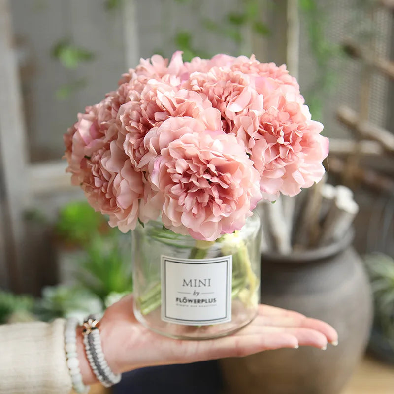Bouquet d'hortensias artificiels en soie, fausses fleurs, pivoine en fleur, pour décorer la maison, pour le mariage, pétales blancs