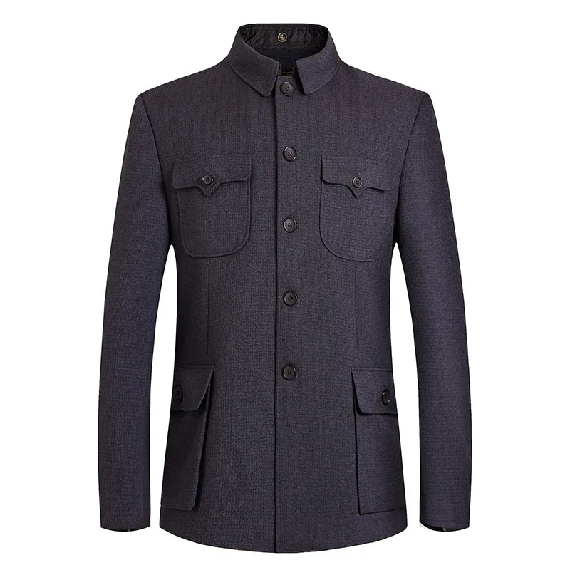 Veste de costume Mao pour hommes, tunique chinoise imbibée, blazer à col à ailes mandarin masculin, manteau Sun Yat Sen Zhongshan, blazer classique