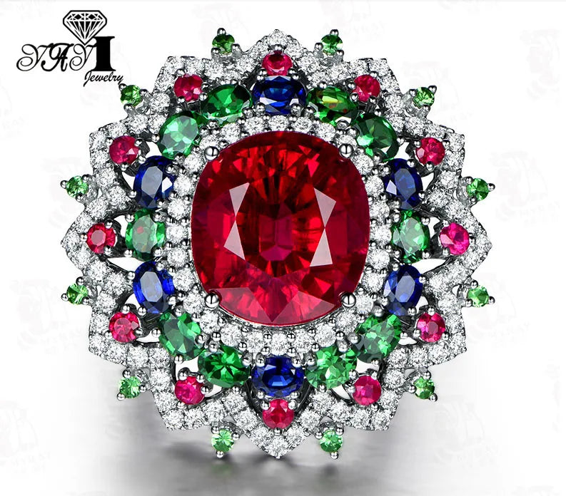 YaYI – bijoux coupe princesse, corindon rouge, pierres précieuses, Zircon, couleur argent, fiançailles, fête de mariage, bagues précieuses