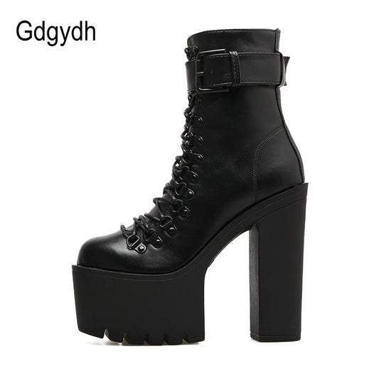 Gdgydh mode moto bottes femmes en cuir printemps automne boucle en métal talons hauts chaussures fermeture éclair noir bottines femme laçage
