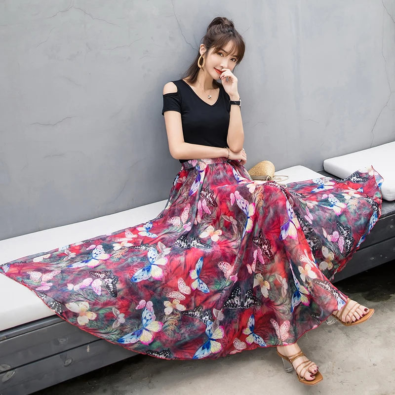 TingYiLi-Jupe longue de plage en mousseline de soie, style boho, imprimé floral, pour femmes