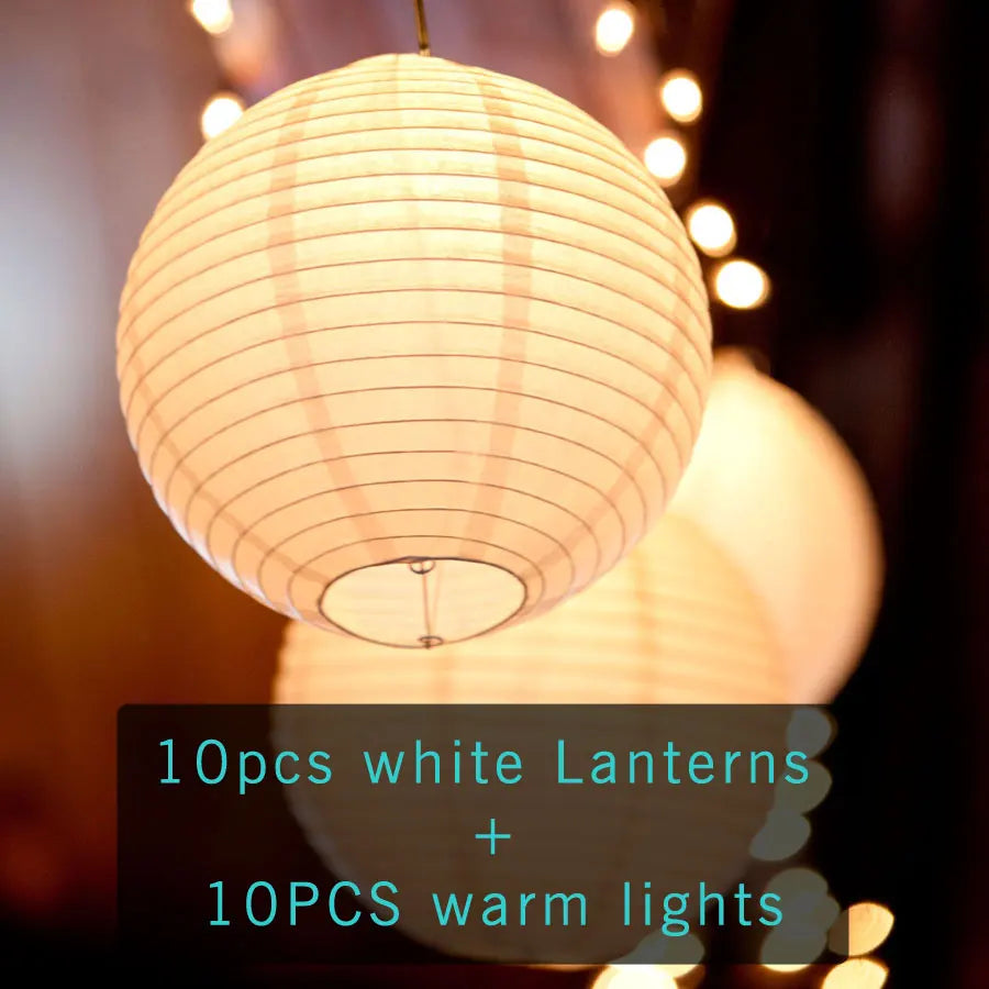 Lanterne LED blanche chaude (6, 8, 10, 12, 14, 16 pouces), 10 pièces/lot, lampions boule de papier chinois pour décoration de fête de mariage