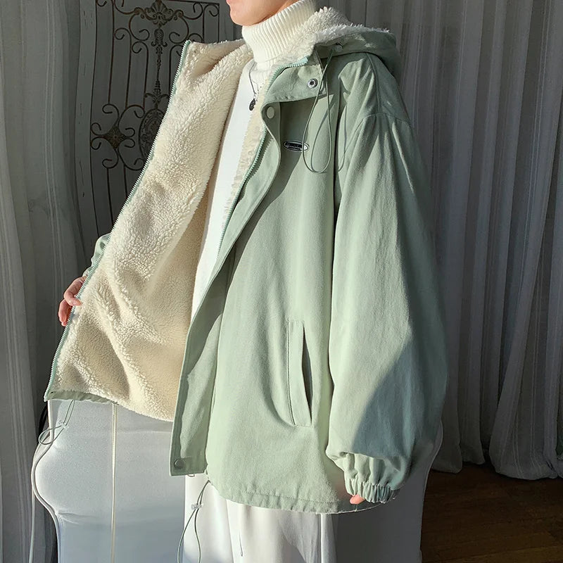 Veste à capuche en fourrure d'agneau pour hommes, optique d'hiver, manteau court, coton, vêtements d'extérieur chauds, mode coréenne