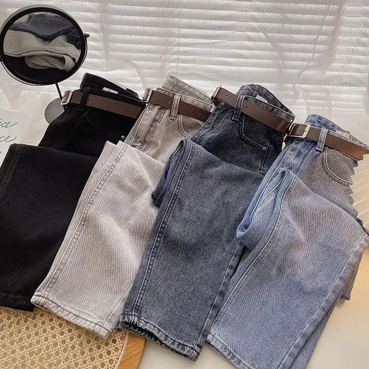 ZHISILAO-Jean droit avec ceinture pour femme, pantalon en denim, bleu basique, longueur de rinçage, vintage, gris, petit ami, coréen, 2021