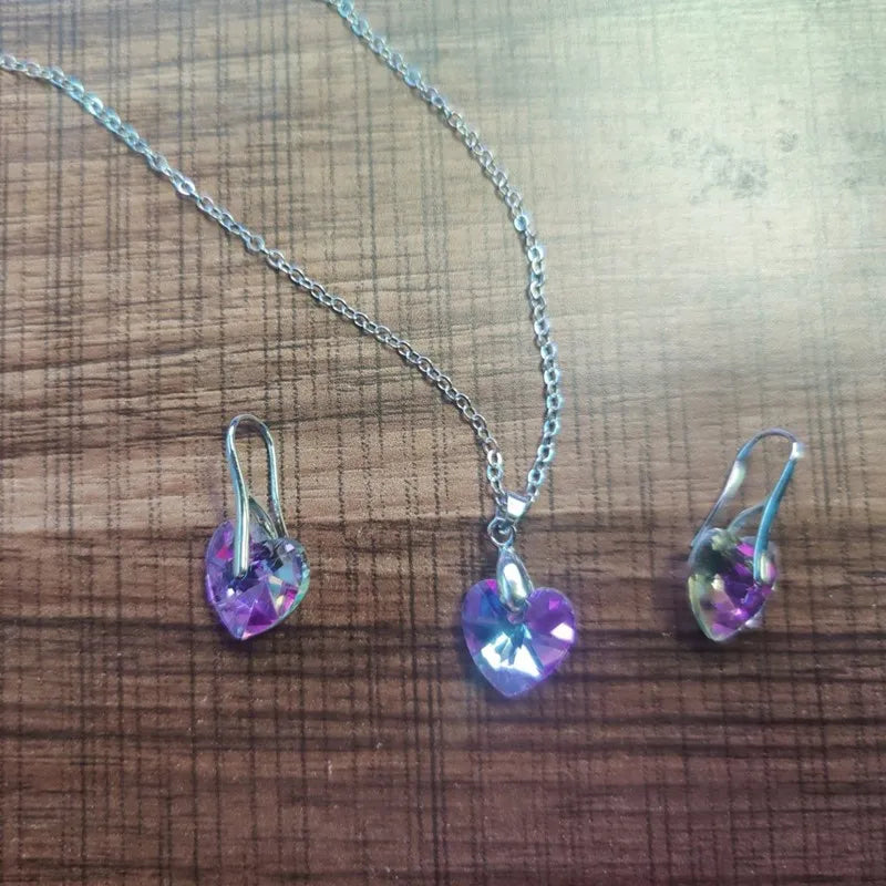 Ensemble de bijoux pendentif coeur pour femme, collier, boucles d'oreilles, argent, violet, Zcomprend