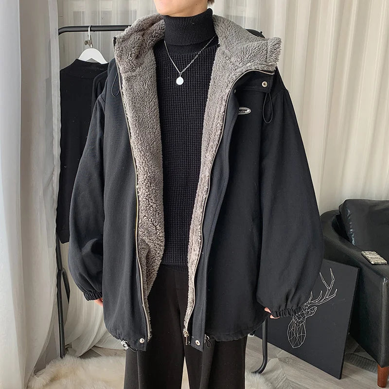 Veste à capuche en fourrure d'agneau pour hommes, optique d'hiver, manteau court, coton, vêtements d'extérieur chauds, mode coréenne
