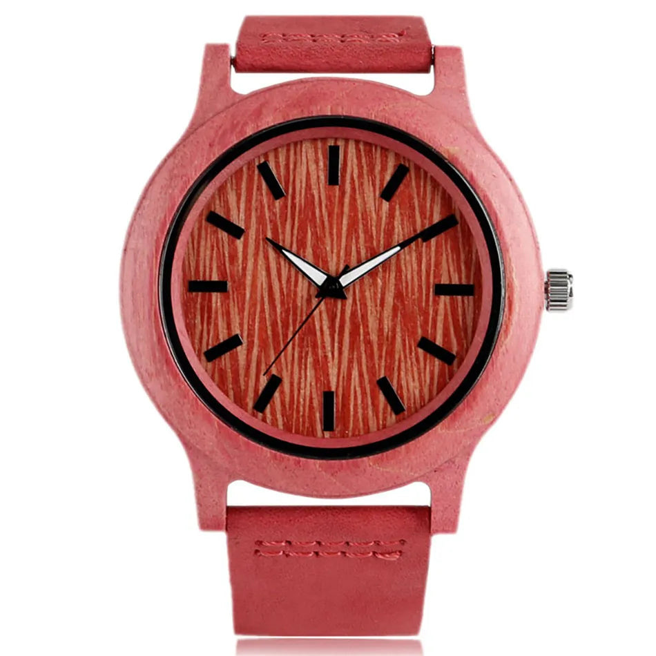 MINN-Montre-Bracelet en Bois de Bambou Vert/Rouge pour Femme, en Cuir group, à Quartz, Simple, Décontractée,