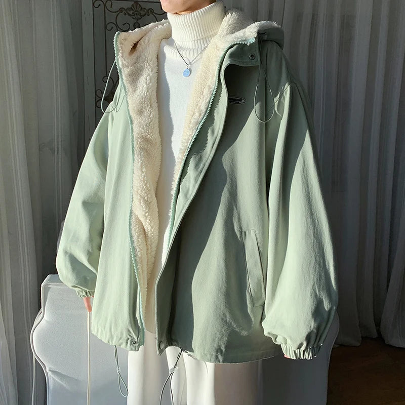 Veste à capuche en fourrure d'agneau pour hommes, optique d'hiver, manteau court, coton, vêtements d'extérieur chauds, mode coréenne