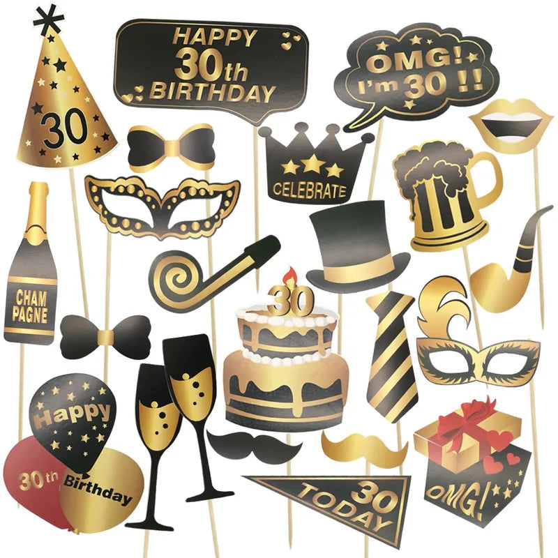 Pailles en papier à rayures dorées, 1 sac, numéro 30e 40e 50e 60e, lunettes à ceinture, pailles à boissons joyeux anniversaire pour adultes, décoration de fête en ballon
