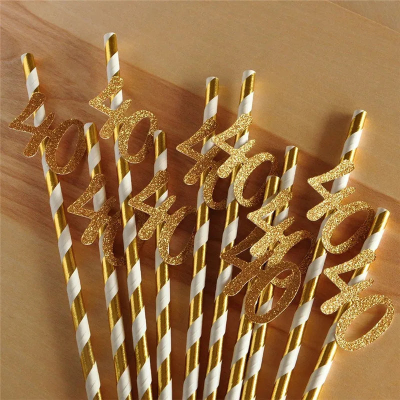 Pailles en papier à rayures dorées, 1 sac, numéro 30e 40e 50e 60e, lunettes à ceinture, pailles à boissons joyeux anniversaire pour adultes, décoration de fête en ballon
