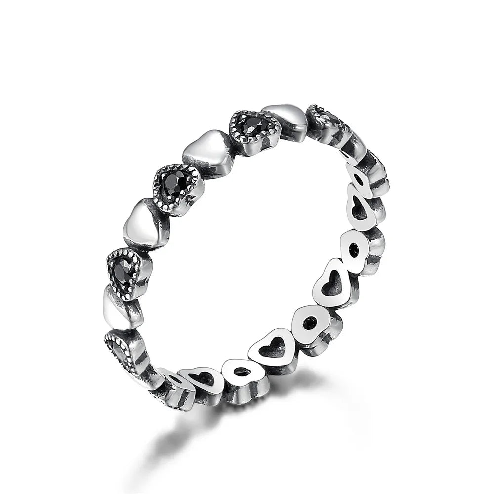 BAMOER véritable 925 bague empilable en argent Sterling coeur noir CZ bagues pour les femmes bijoux d'anniversaire de mariage Anel SCR140