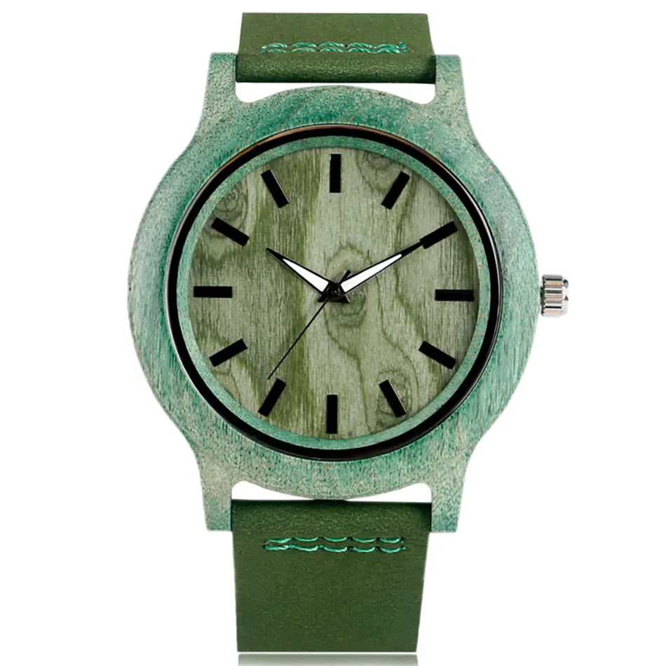 MINN-Montre-Bracelet en Bois de Bambou Vert/Rouge pour Femme, en Cuir group, à Quartz, Simple, Décontractée,