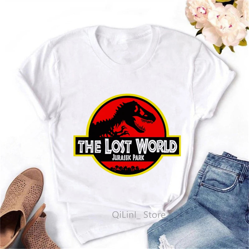 T-Shirt à Manches Courtes Blanc Vintage pour Femme, Streetwear Cool, Motif Dinosaure, Collection Estivale