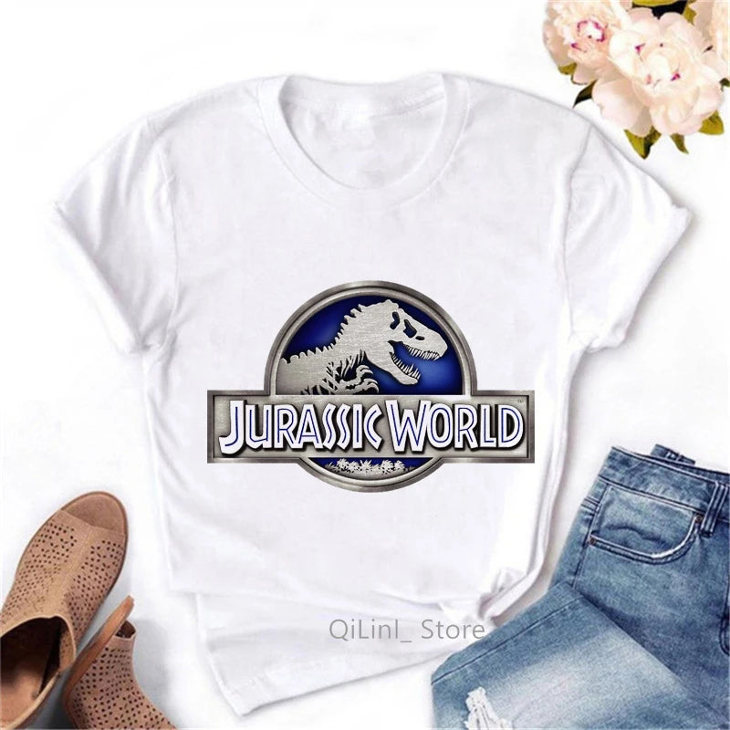 T-Shirt à Manches Courtes Blanc Vintage pour Femme, Streetwear Cool, Motif Dinosaure, Collection Estivale