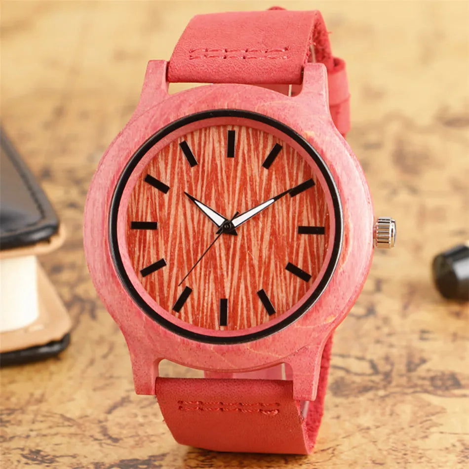 MINN-Montre-Bracelet en Bois de Bambou Vert/Rouge pour Femme, en Cuir group, à Quartz, Simple, Décontractée,