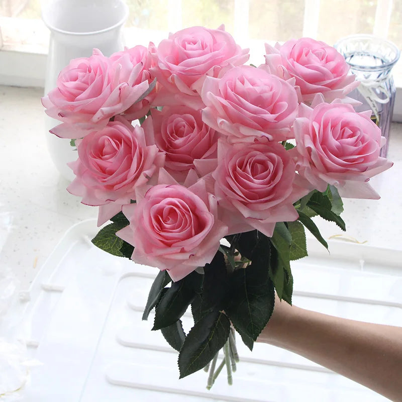 7 pièces vraie touche Rose branche tige Latex Rose main sensation feutre Simulation décorative artificielle Silicone Rose fleurs maison mariage