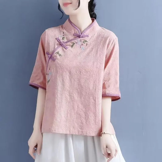 T-shirt brodé à manches courtes pour femme, vêtement en coton, col montant, Style chinois, Vintage, décontracté, Hanfu