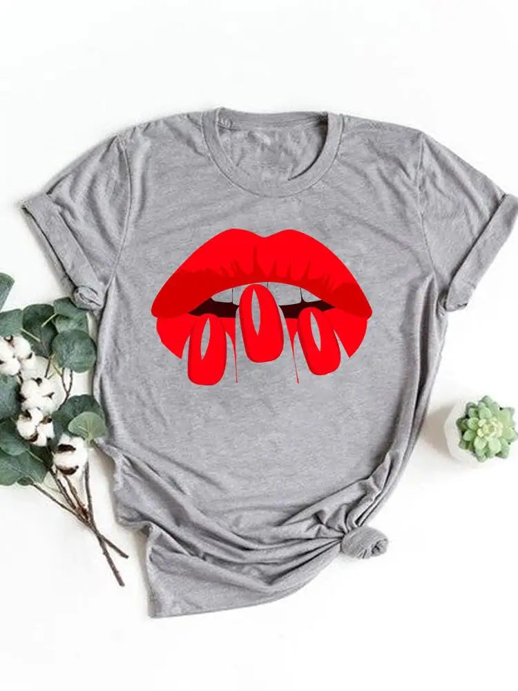 T-shirt manches courtes pour femmes, vêtement basique, haut d'été, maquillage rayé, joli et mignon, imprimé, à la mode, graphique