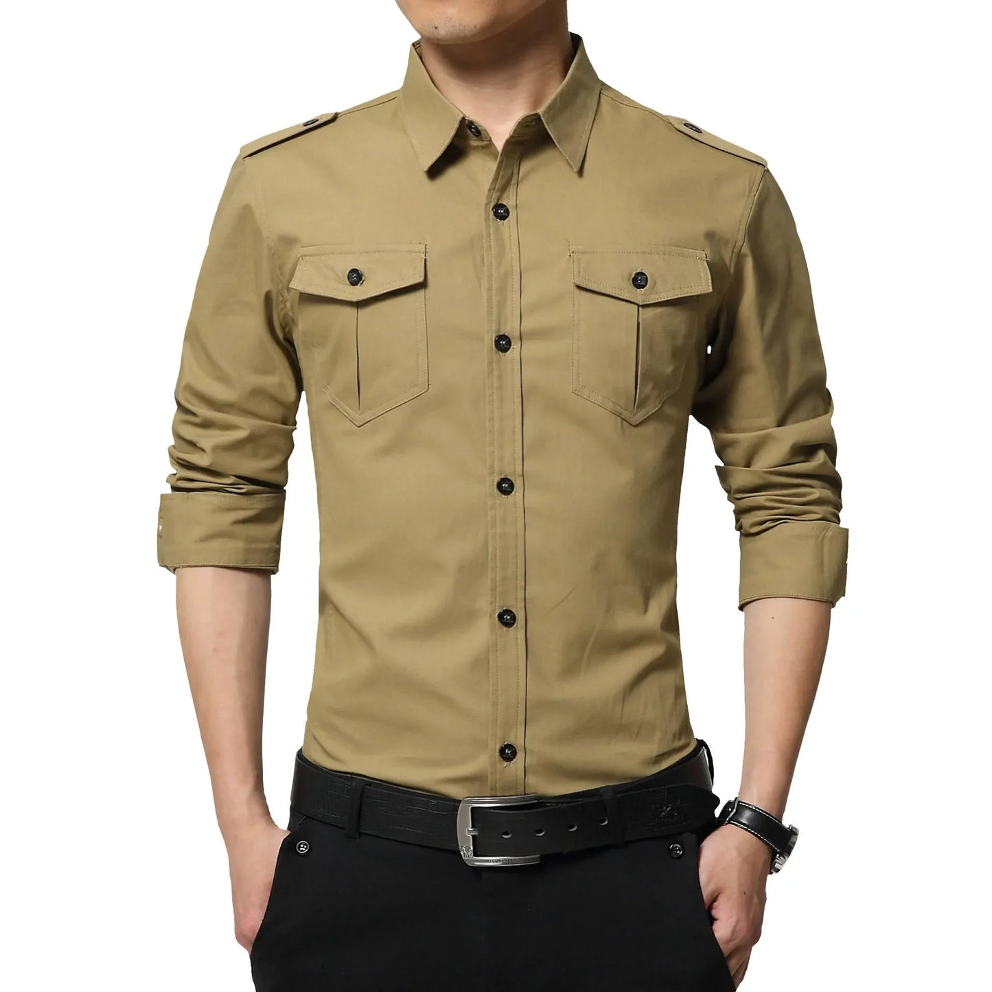 Chemise slim à manches longues de style militaire pour hommes, épaulette en coton, double poche, chemise décontractée, nouveau, 2025
