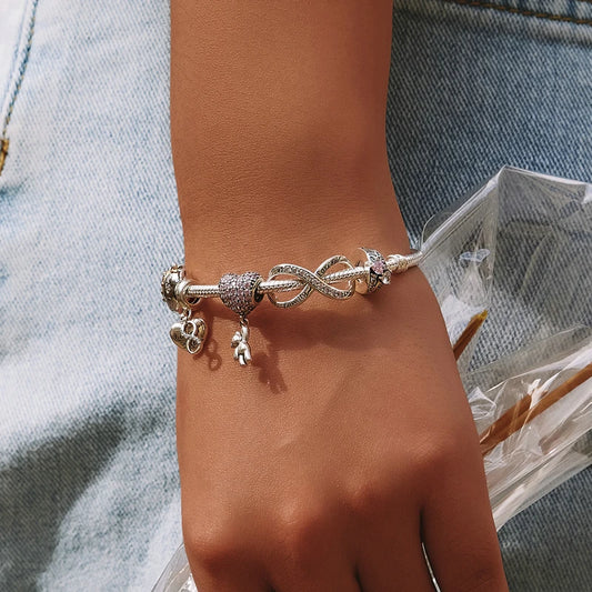 WOSTU 100% 925 argent Sterling rose Zircon cristal perles creux sculpté breloque pour la fabrication de bijoux ajustement Original Bracelet pendentif