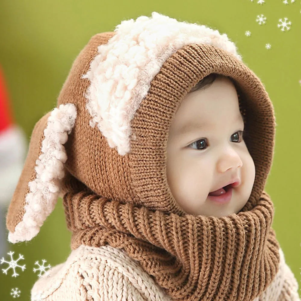 Chapeau écharpe en laine pour enfants coréens, chiot mignon d'hiver, chapeaux chauds pour bébés garçons et filles avec châle pour enfants de 6 à 36 mois