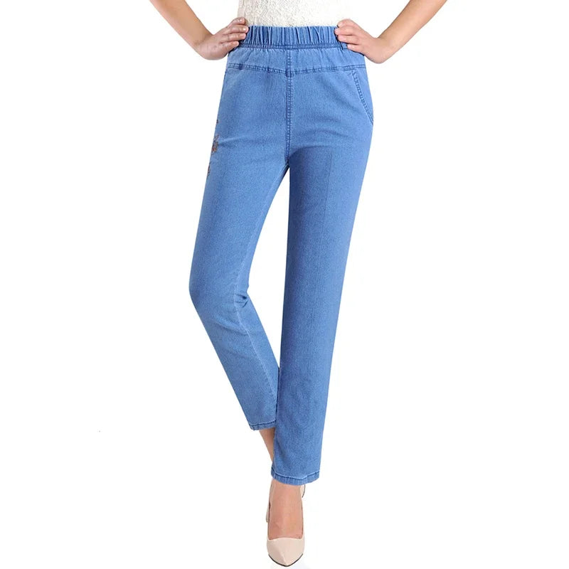 L-5XL Jeans Femme Printemps Été Nouvelle Broderie Neuf Denim Pantalon Slim Taille Haute artificiel asticité Casual Femmes Cowboy Pantalon H450
