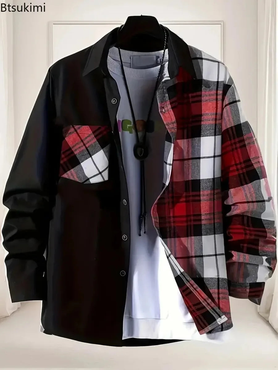 2025Men's printemps automne décontracté à manches longues chemise mode Patchwork Plaid conception simple boutonnage chemise manteaux confortable Cardigan