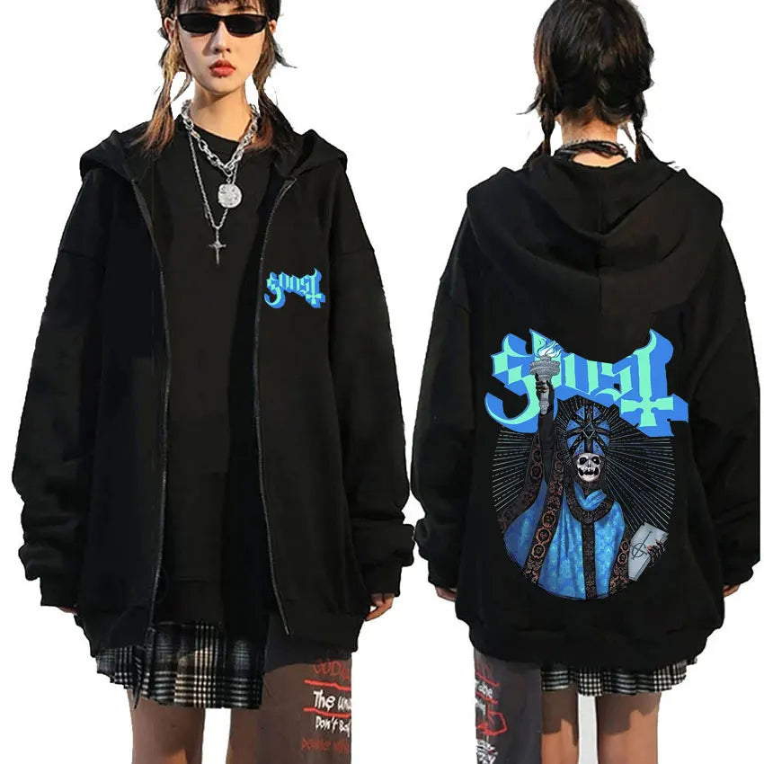 Mesurost Band Zipper Hoodie pour hommes, Hip Hop Respzed Fashion, Cartoon Anime Graphic Print, Zip Up Hoodies, Rock Gothic, PVD