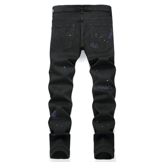 Jean en denim à commande croisée en cristal pour hommes, trous déchirés, distMurcia, pantalon noir, broderie, Slim, conique, fjered