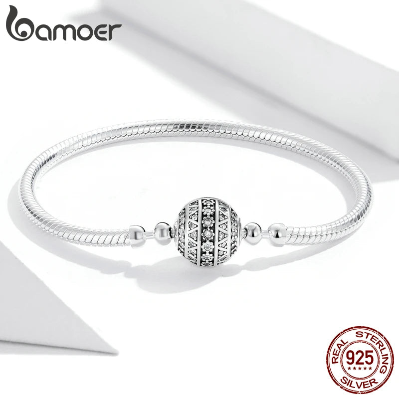 Bamoer 100% 925 argent Sterling éblouissant clair CZ fermoir rond serpent chaîne fleur fermoir Bracelet bijoux fins SCB062