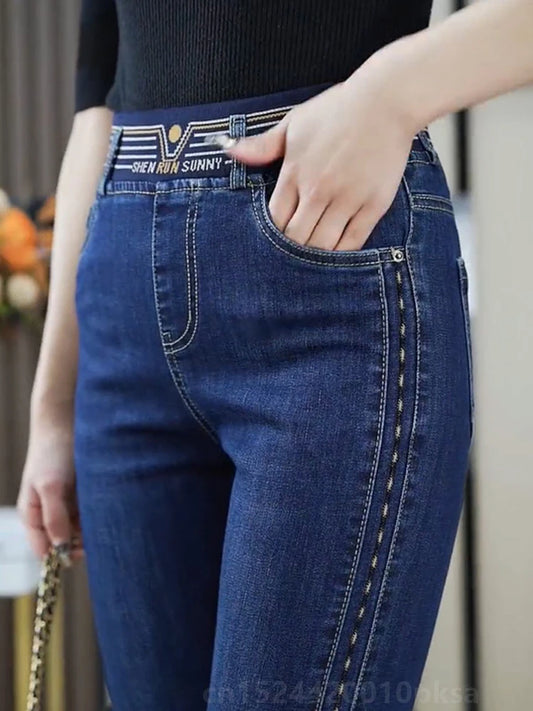 Jean évasé élastique taille haute pour femme, pantalon en denim skinny, vintage, coréen, grandes tailles 4XL, longueur de rinçage