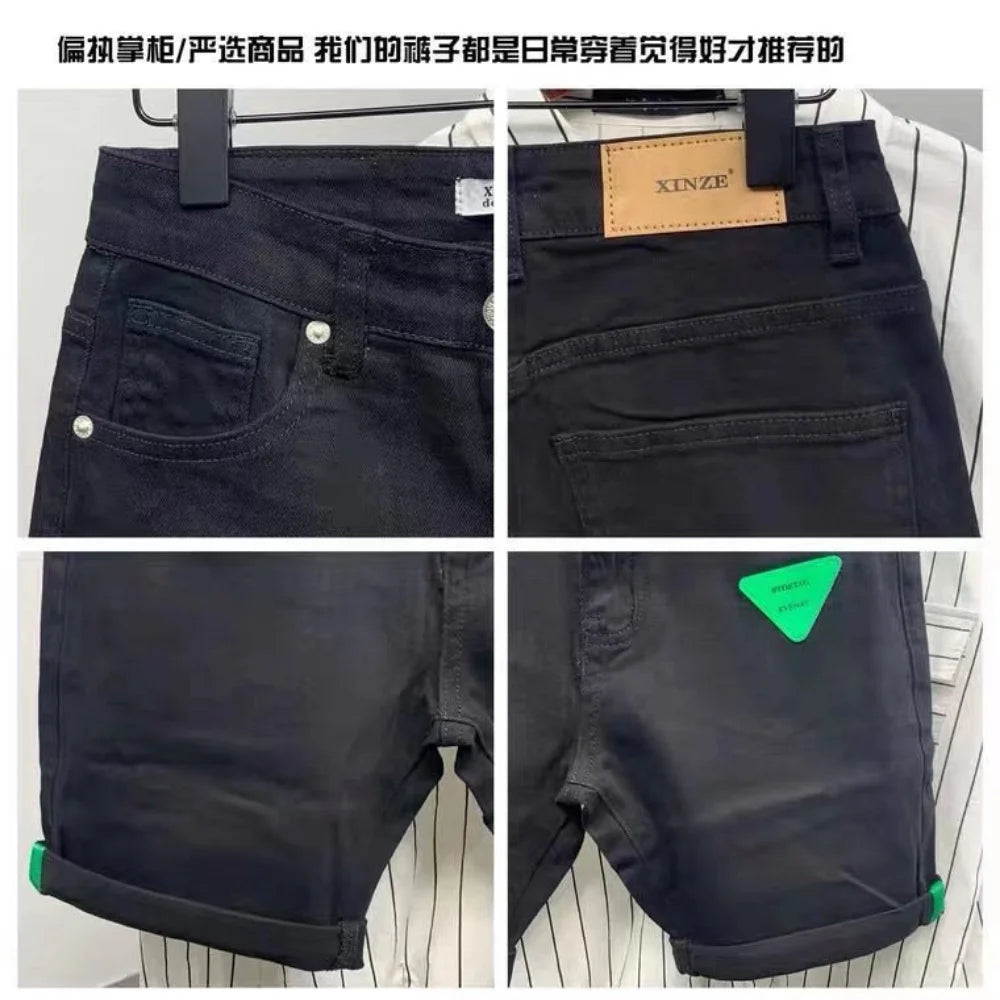 Jeans slim de style coréen pour hommes, vêtements de cow-boy de luxe, jeans en denim pour hommes, short en cuir noir, nouvelle arrivée, mode estivale, 2023