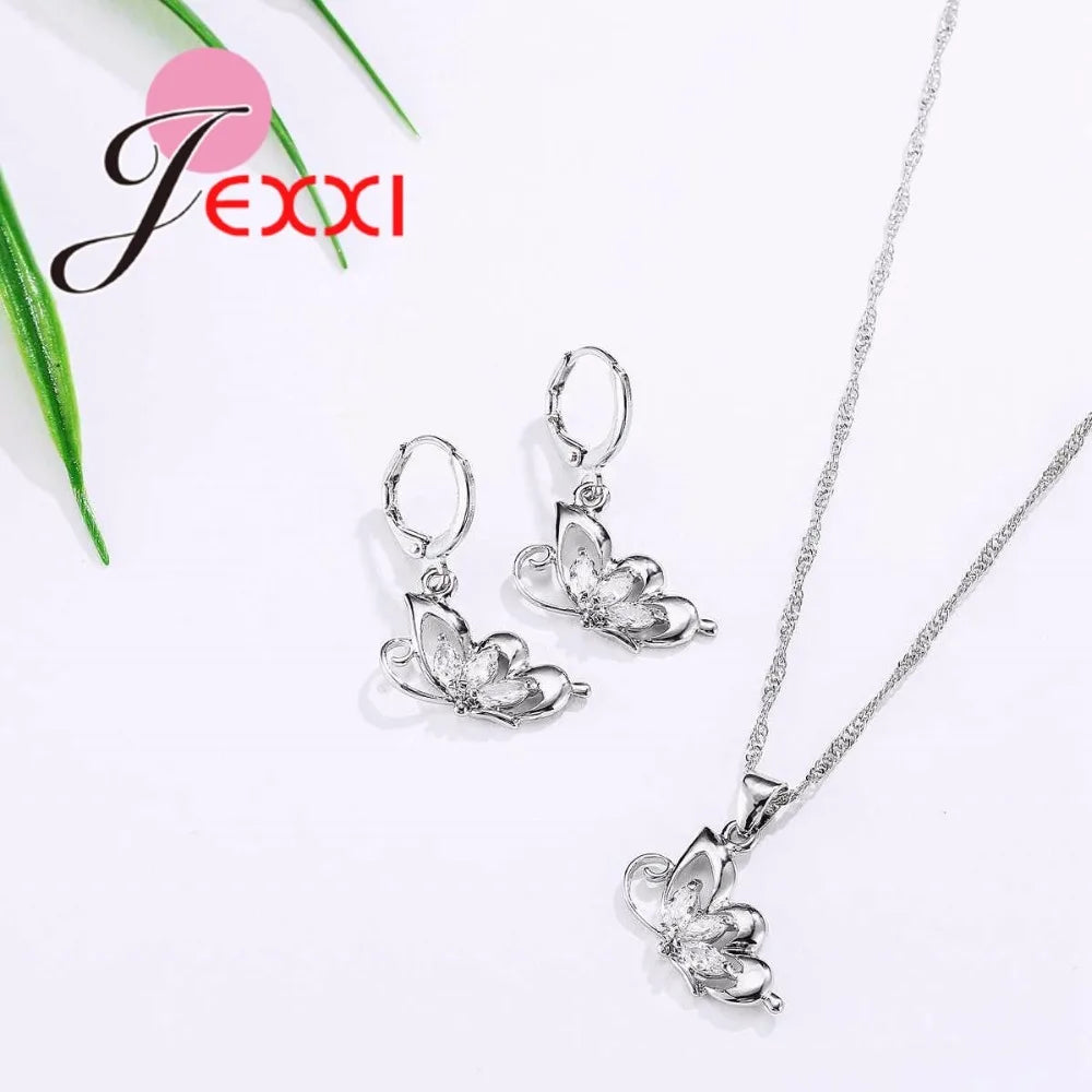 Ensemble de bijoux en argent Sterling 925 pour femmes, collier, pendentif, boucles d'oreilles papillon en zircone cubique élégante