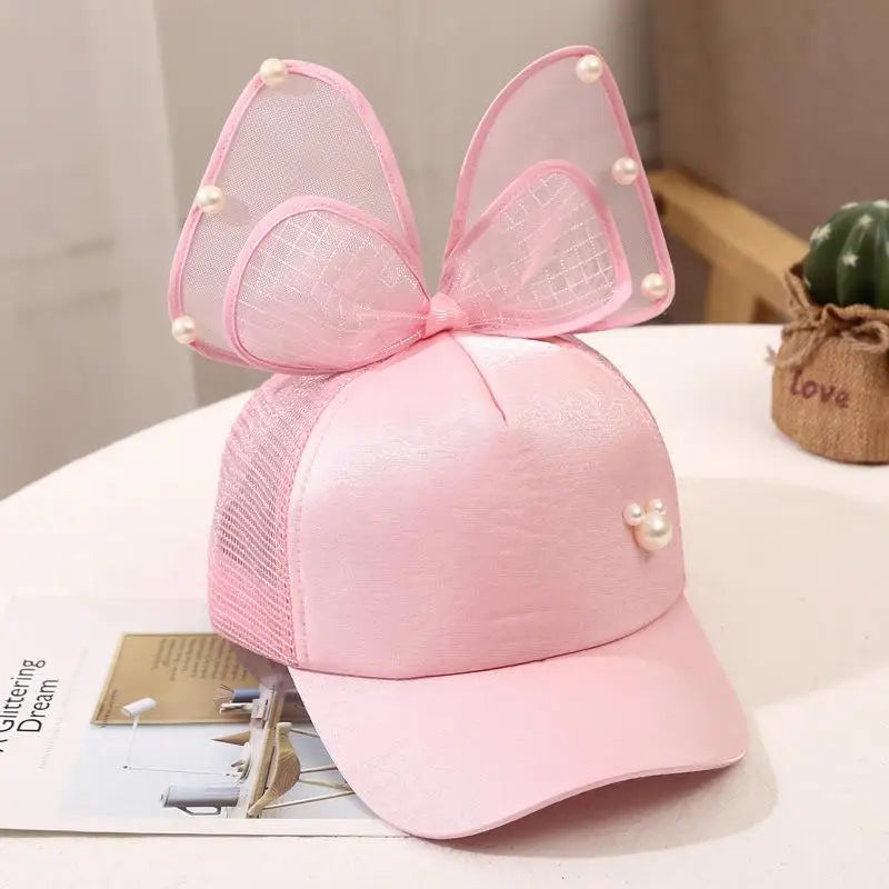 Casquette de baseball avec nœud papillon doux pour filles, grande maille, casquette à visière pour bébé, coton réglable, chapeaux de soleil pour tout-petits, été