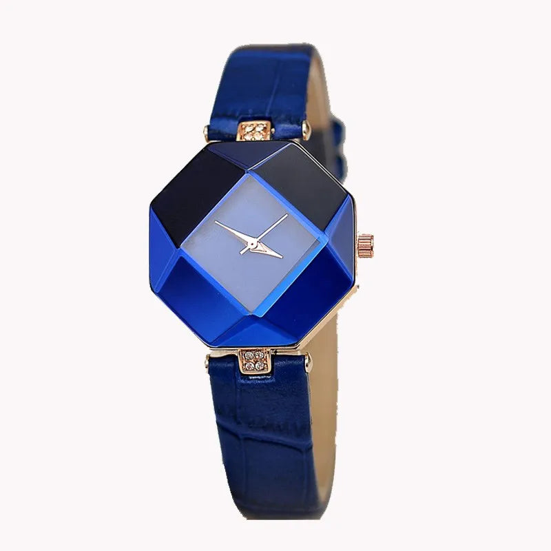 Relogio Femin37- Montre-bracelet à quartz analogique pour femme, bijou géométrique, coupe gemme exquise, bracelet en cuir bleu, à la mode