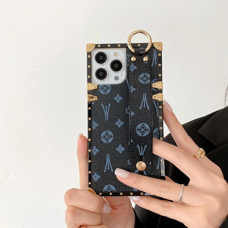 Étui carré en cuir avec dragonne pour iPhone