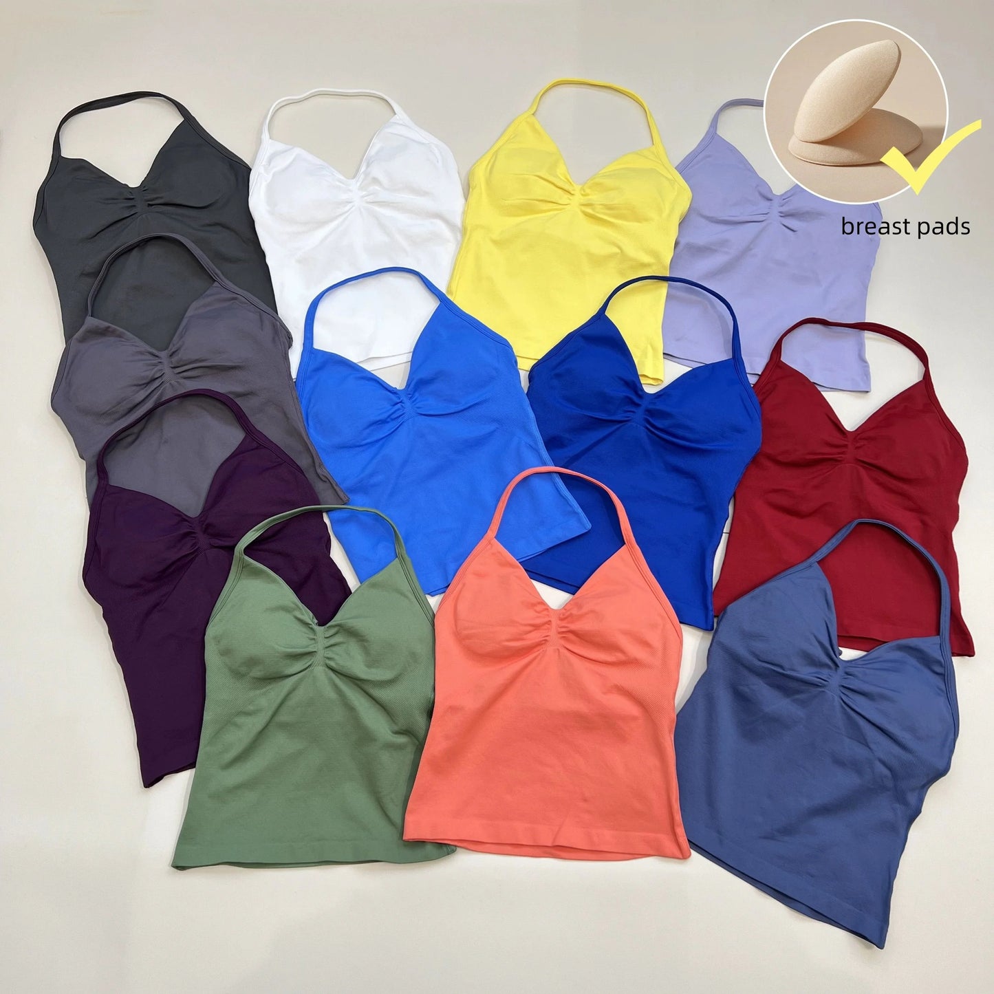 Haut de sport à bretelles palangre, dos nu, Logo personnalisé, vêtements de sport pour femmes, soutien-gorge intégré froissé avec bonnets amovibles, débardeurs de Yoga